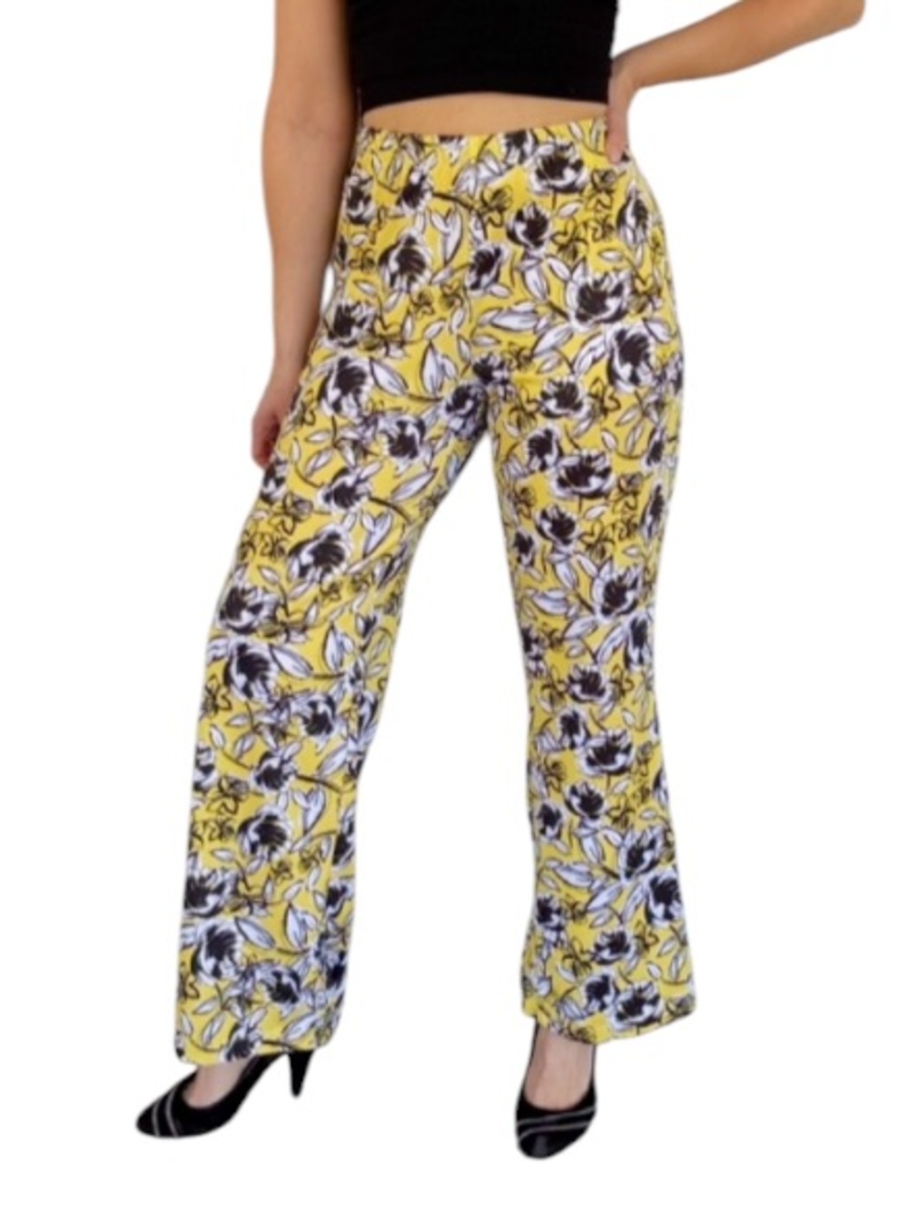Nue Options Petite yellow black floral stretch wide leg casual pants size medium
